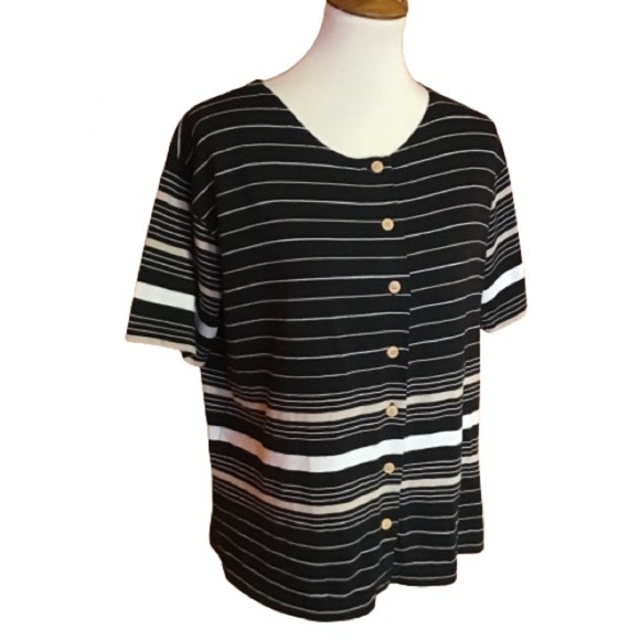 Vintage 80s Black Striped Button Down Short Sleeve Top - Picture 1 of 9